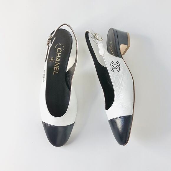 NEW Chanel Calfskin CC Logo Cap Toe White Dark Navy Slingback Low Heel Pumps 36 - Picture 1 of 11